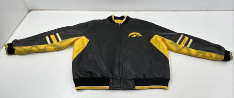 G-III Men's Iowa Hawkeyes Leather Varsity Bomber Jacket Black Yellow Sz 2XL