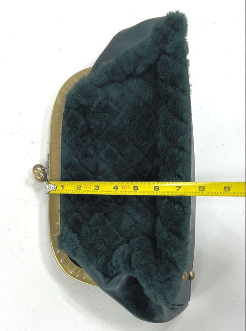 Patricia Nash Green Faux Fur Leather Frame Kiss Lock Clutch Bag Brass Hardware