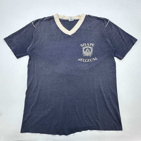 Vintage 80s SHAPE Belgium Military V-Neck T-Shirt Single Stitch USA Soffe Sz L