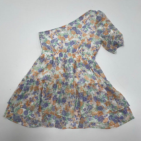 WAYF Women's Dress Ivory Floral NWT One Shoulder Puff Sleeve Tiered Sz L