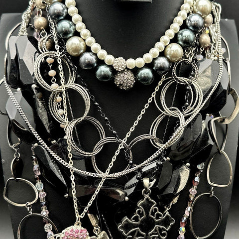 Mixed Costume Jewelry Lot Silver Tone Statement Necklaces Faux Pearl Beaded