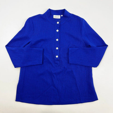 Mary G Palm Beach Women's Blue Mock Neck Flower Button Blouse Top Sz M