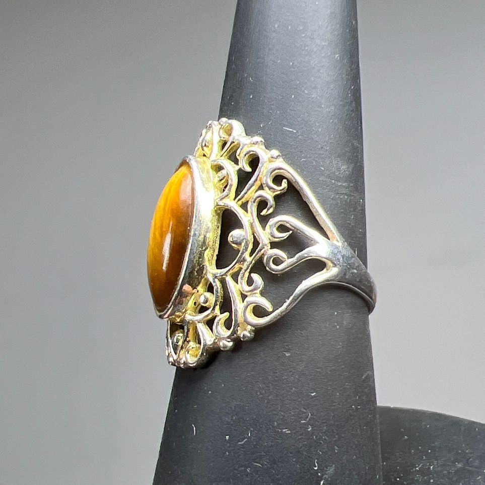 925 Sterling Silver Filigree Tiger's Eye Ring Size 6