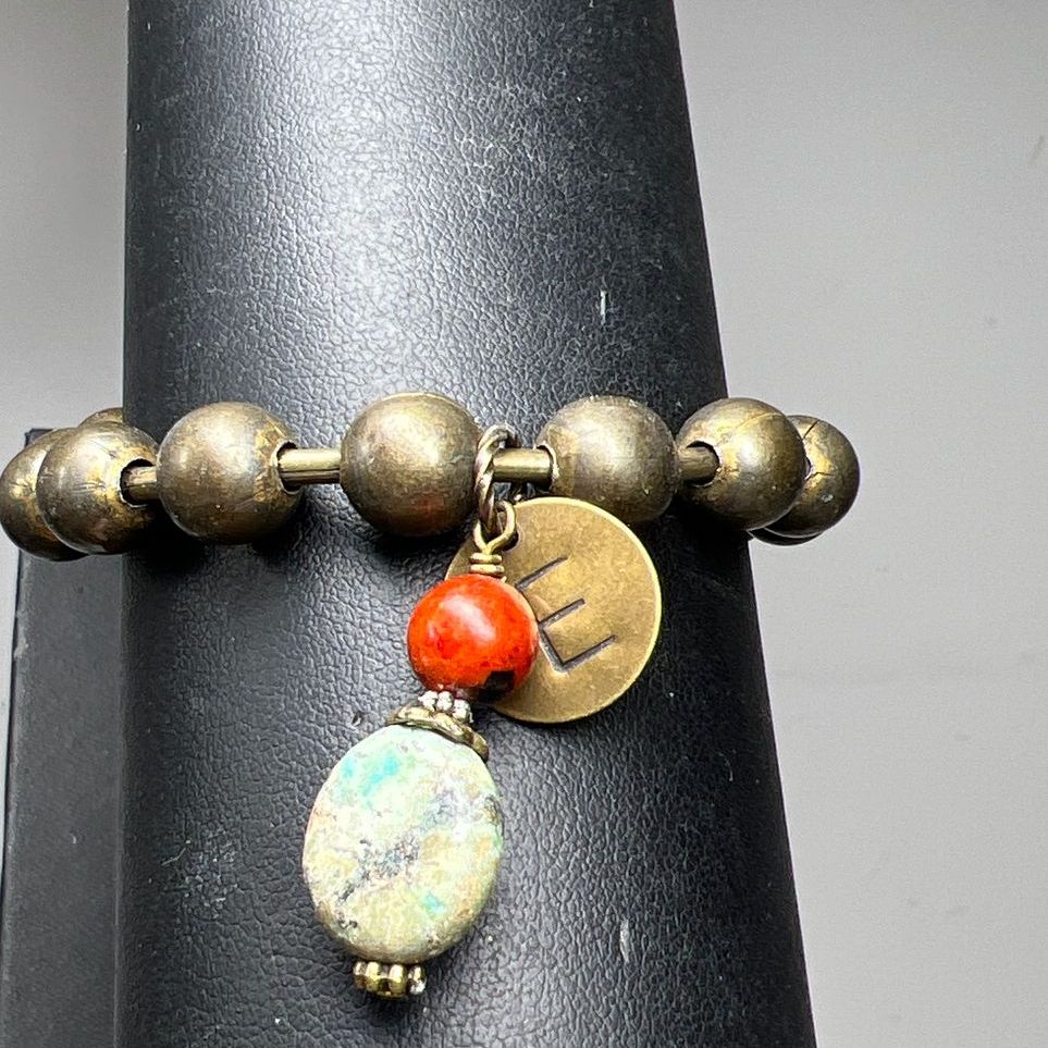 Ball Bearing Turquoise Coral and E Charm Bracelet