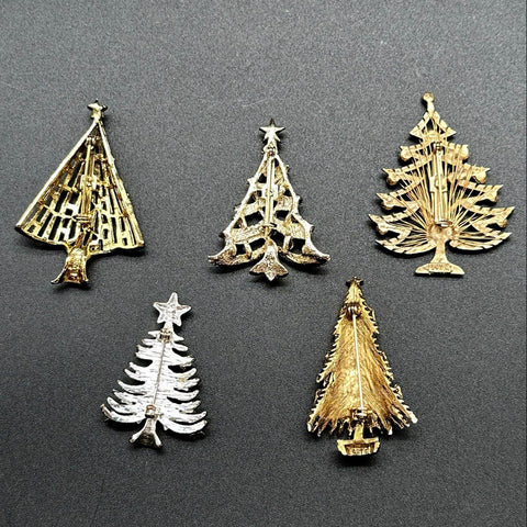 Vintage Christmas Tree Brooch Lot of 5 ART Gerry's WJC Rhinestone Enamel