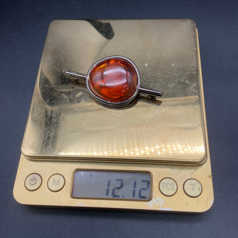 Vintage Modernist 925 Sterling Silver Amber Bar Brooch Pin 12.12g