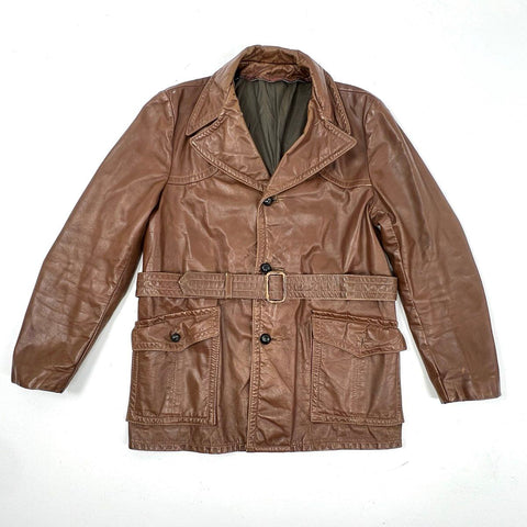 Vintage 70s R. Sherman Men's Brown Leather Belted Safari Field Jacket M