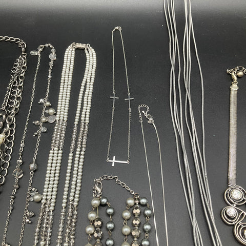 Fashion Costume Necklace Lot of 10 Silver Tone Faux Pearl Cross Pendants