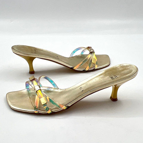 Vintage 90s Stuart Weitzman Gold Iridescent Clear Strappy Kitten Heels Size 8.5