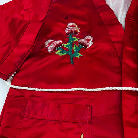 Vintage 90s Korean Red Satin Embroidered Floral Robe Dressing Gown Sz L