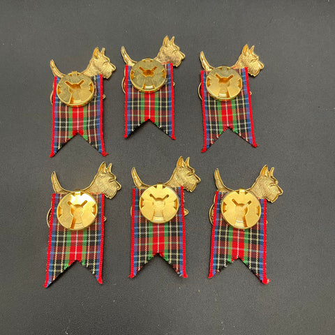 Vintage Gold Tone Scottie Dog Button Covers Tartan Plaid Ribbon Set of 6
