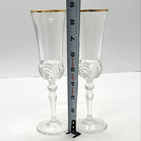 Pressed Glass Gold Rim Champagne Flutes Set of 2 Ribbed Stem 8.75 Inch Vintage