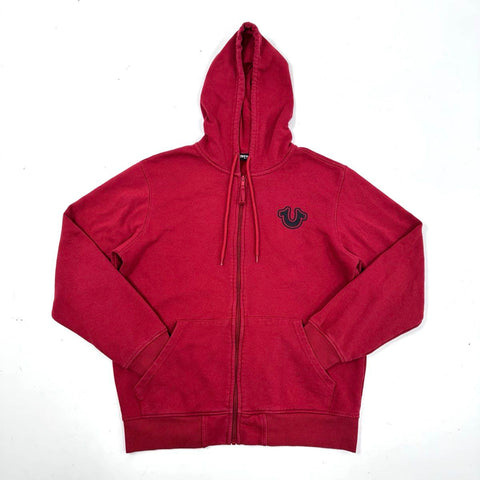 True Religion Men's Red Buddha Foil Centre Zip Graphic Logo Hoodie