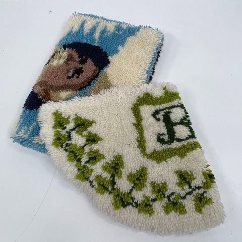 Vintage 70s Handmade Latch Hook Rugs Lot of 2 Fisherman & Monogram B Wall Art