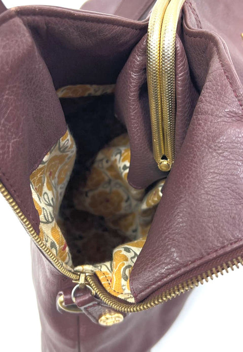 Emma Fox Burgundy Plum Pebbled Leather Frame Hobo Satchel Bag Gold Hardware