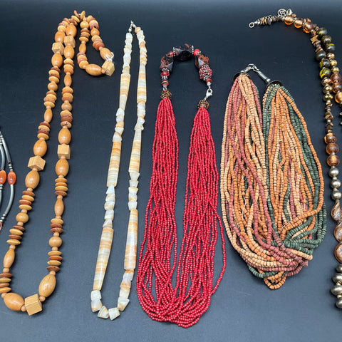 Vintage to Modern Costume Jewelry Lot 8 Necklaces Beaded Wood Shell Bohemian