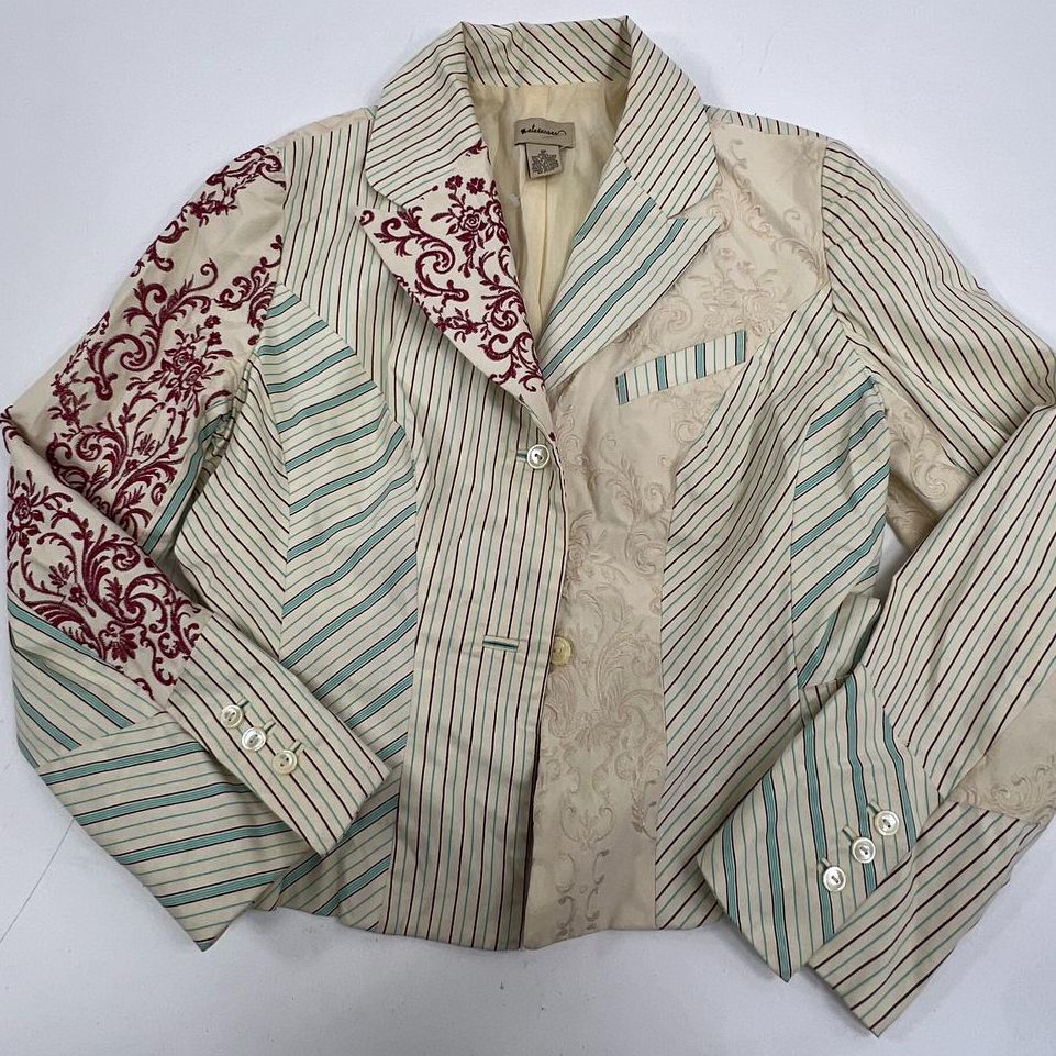 Anthropologie Elevenses Striped Embroidered Patchwork Cotton Blazer Women's 6P