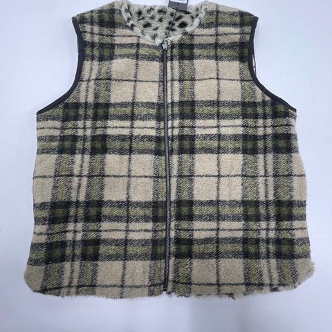 Yest NWT Khaki Green Reversible Faux Fur Animal Print Plaid Vest Women's Size 8