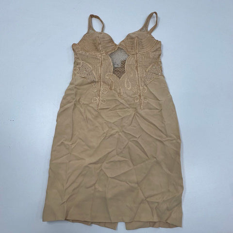 Vintage 90s Gai Mattiolo Tan Beaded Mesh Cutout Bodycon Dress Women's Size 46