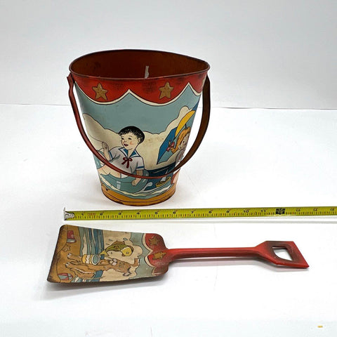 Vintage Litho Tin Sand Pail and Shovel Set Children Beach Scene Toy 1950s