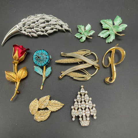 Vintage Costume Jewelry Brooch Lot of 9 Coro Sarah Coventry Mamselle Enamel
