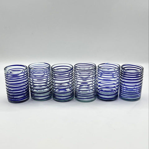 Hand Blown Art Glass Set Cobalt Blue Spiral Wrap Pitcher and 6 Tumblers Vintage