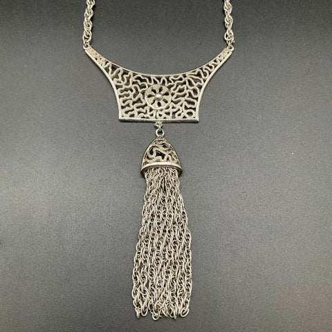 Vintage 1960s 1970s Silver Tone Tassel Necklace Openwork Filigree Boho Mod