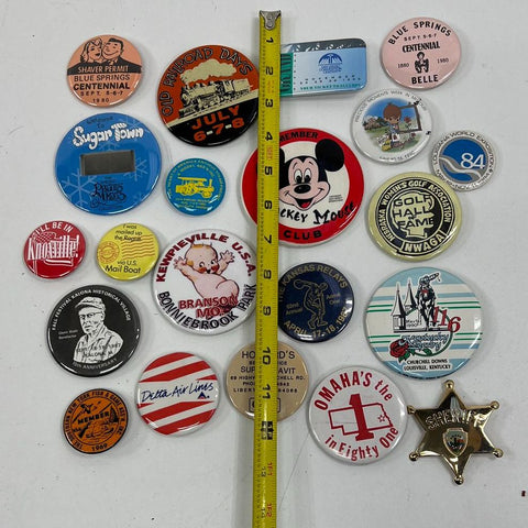 Vintage Pinback Button Lot of 24 Mickey Mouse Kentucky Derby Delta Kewpie Pins