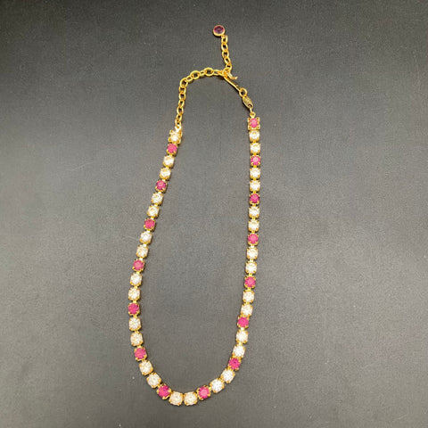 Vintage Trifari Gold Tone Pink and Clear Rhinestone Tennis Necklace Signed 16"