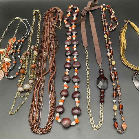 Bohemian Earth Tone Beaded Necklace Jewelry Lot of 8 Enamel Leaf Wood Resin