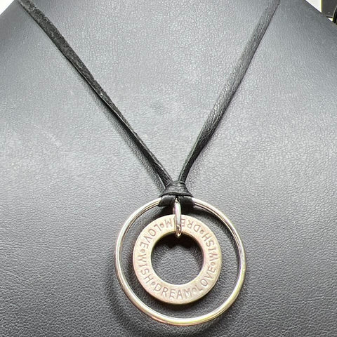 Carol Lee Sterling Silver Wish Dream Love Circle Pendant Leather Necklace