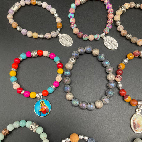 Religious Beaded Bracelet Lot of 20 Saint Medals Crosses Spiritual Stone Beads