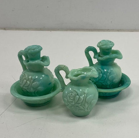 Vintage Avon Jadeite Glass Rose Pitcher & Bowl Bath Oil Decanter 3 Sets