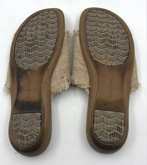 Minnetonka Natural Fabric Frayed Edge Slide Sandals Tan Women's Size 10