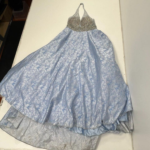 Morilee 43075 Blue Silver Beaded Bodice Halter Prom Gown Dress Women's 16