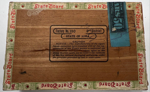 Antique State Board Wooden Cigar Box Iowa Factory 180 Boar Head Logo Early 1900s