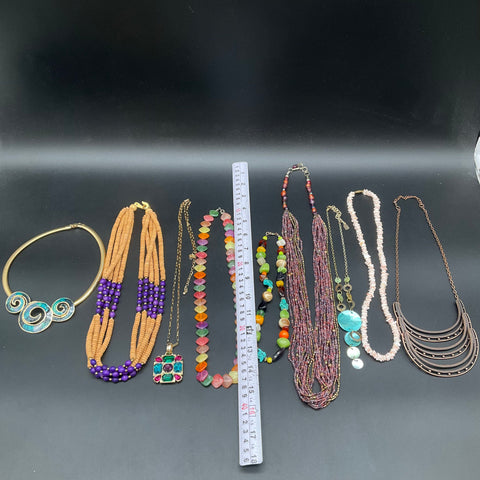 Statement Necklace Jewelry Lot 9pc Beaded Shell Enamel Wood Boho Vintage Style