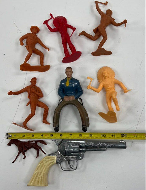 Vintage 60s-80s Marx Tim-Mee Toy Lot Cowboy Indian Figures Pony Boy Cap Gun