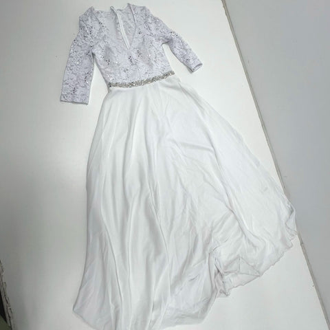 La Scala White Sequin Lace Bodice Rhinestone Formal Gown Dress Women's M