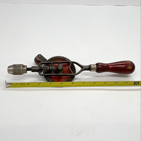 Vintage Eggbeater Hand Drill 12" Wood Handle Manual Red Gear Tested Works
