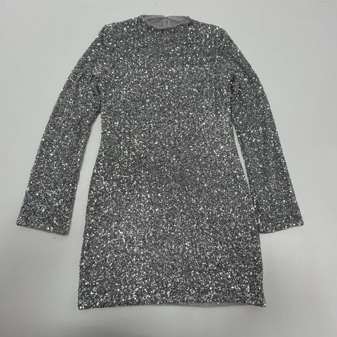 & Other Stories Silver Sequin Long Sleeve Mock Neck Mini Dress Women's M