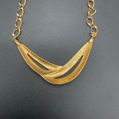 Vintage Monet Gold Tone Black Enamel Crescent Bib Necklace Art Deco Style