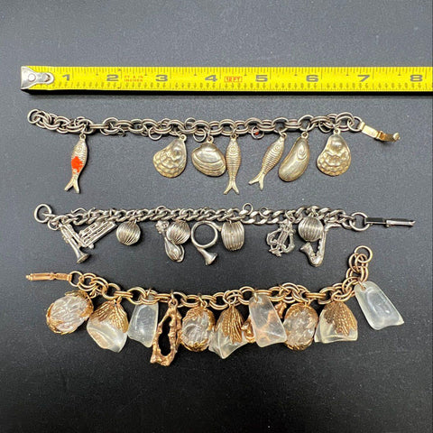 Vintage Costume Jewelry Charm Bracelet Lot of 3 Nautical Music Botanical