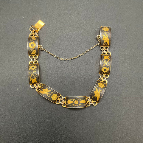 Vintage Damascene Panel Link Bracelet Bird & Flower Motif Gold Tone 6.75"
