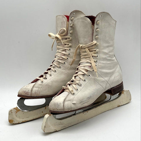Vintage 1950s White Leather Figure Ice Skates Tyer Rubber Blade Guards Size 5