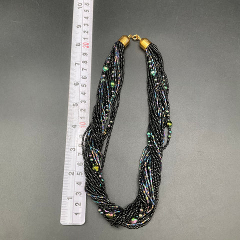 Vintage Iridescent Black Seed Bead Multi-Strand Necklace Earring Set Demi Parure