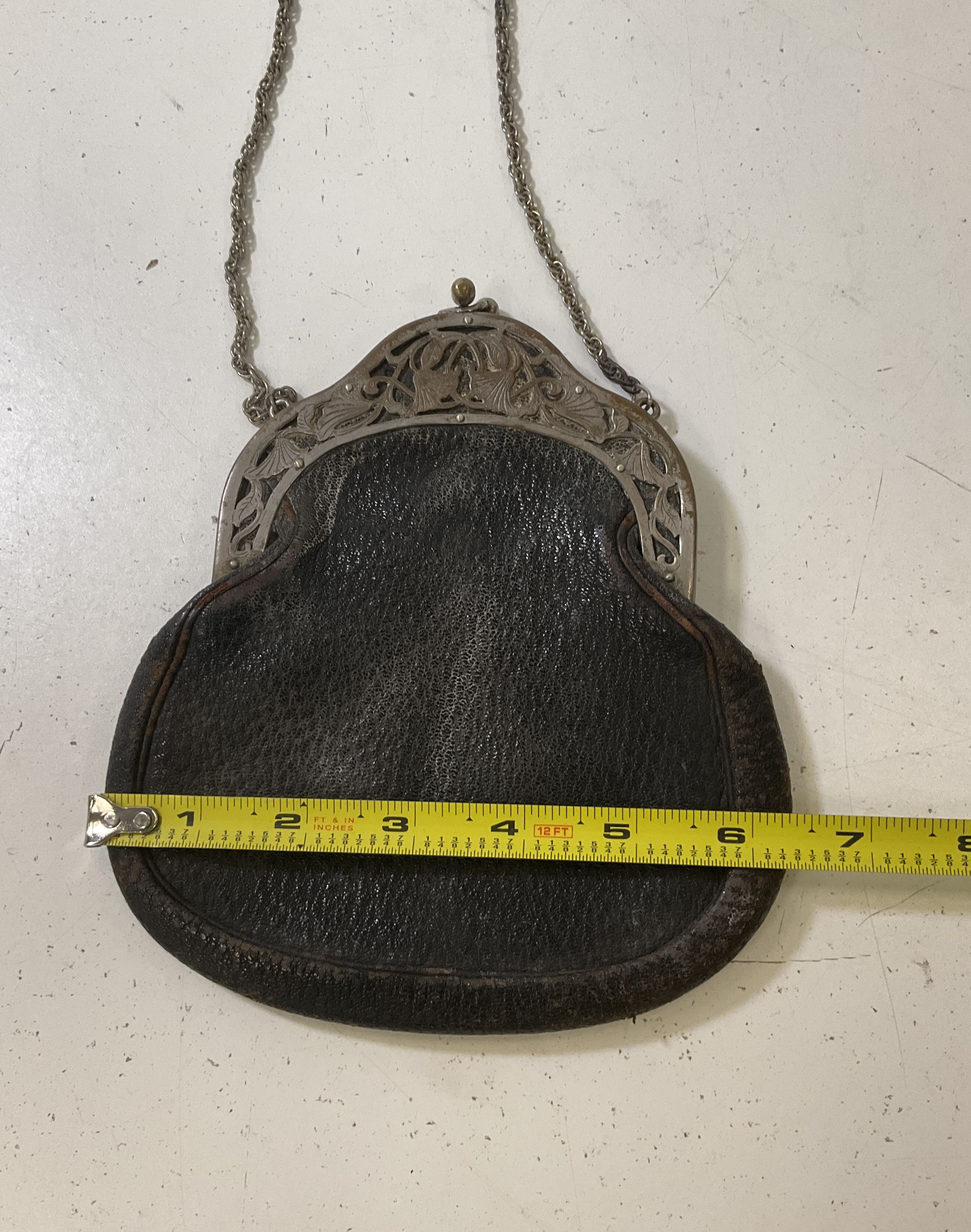 Antique Art Nouveau Repousse Frame Black Leather Kiss Lock Purse Handbag