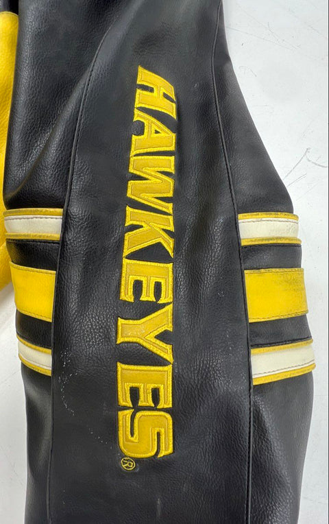 G-III Men's Iowa Hawkeyes Leather Varsity Bomber Jacket Black Yellow Sz 2XL
