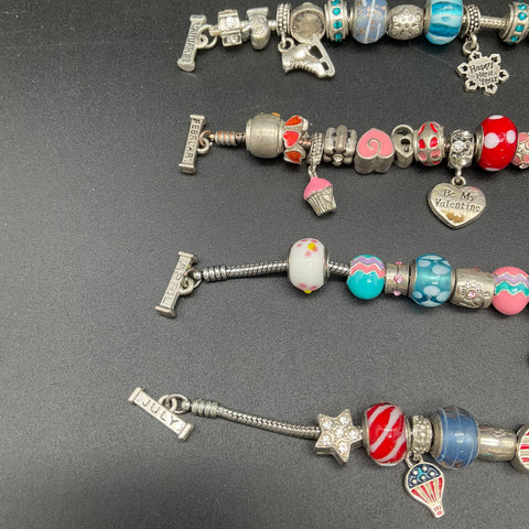 Holiday & Month Theme Charm Bracelet Lot of 8 Silver Tone Enamel Glass Beads