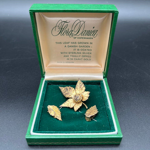 Flora Danica Copenhagen Gold Gilt Sterling Silver Leaf Brooch Earring Set